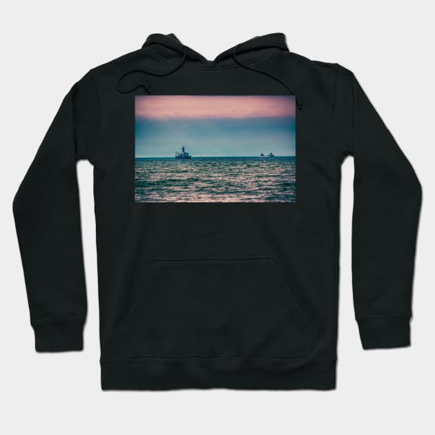 Freighter and Lighthouse Lake Huron Hoodie by Enzwell